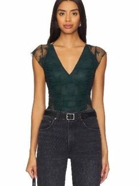 Free People Green Lace V-Neck Cap Sleeve Top